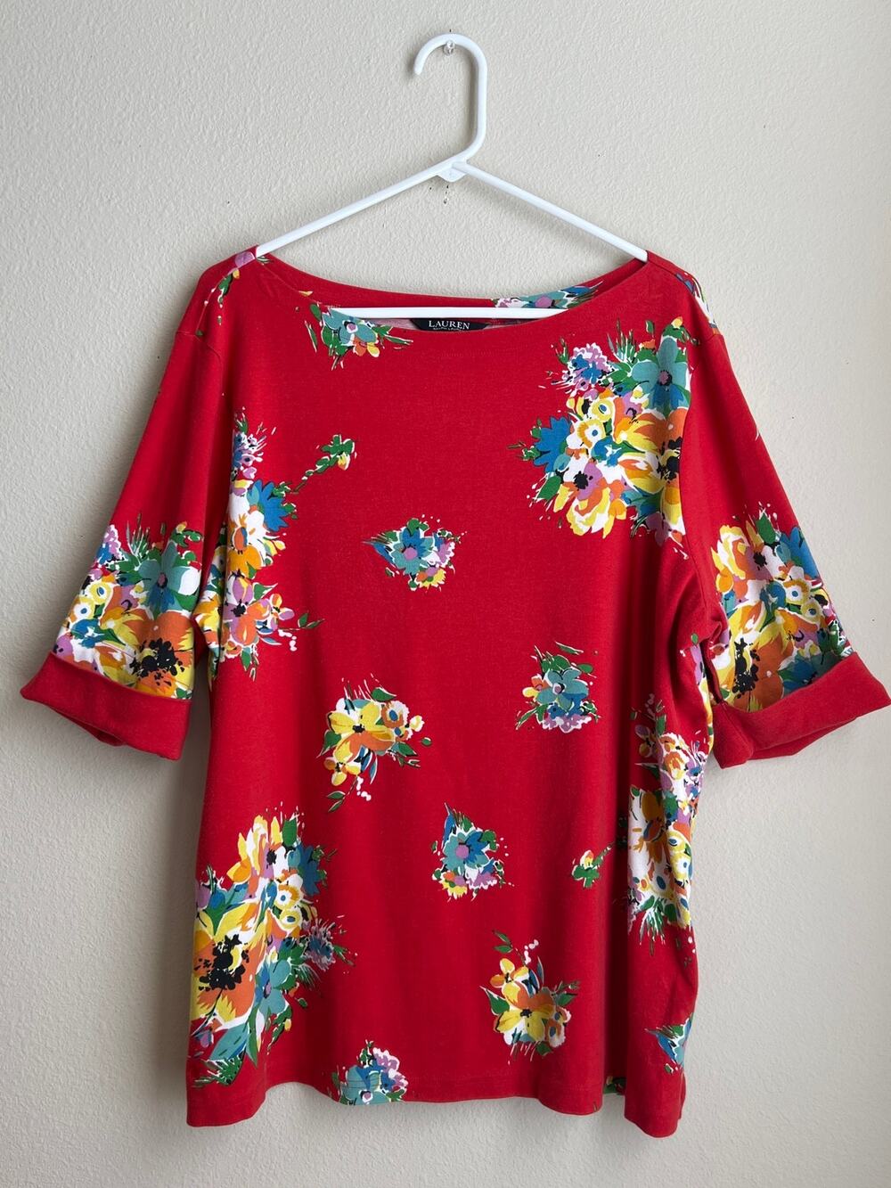 Lauren Ralph Lauren Size 3X Red Floral Boatneck Elbow Sleeve Top Cottagecore
